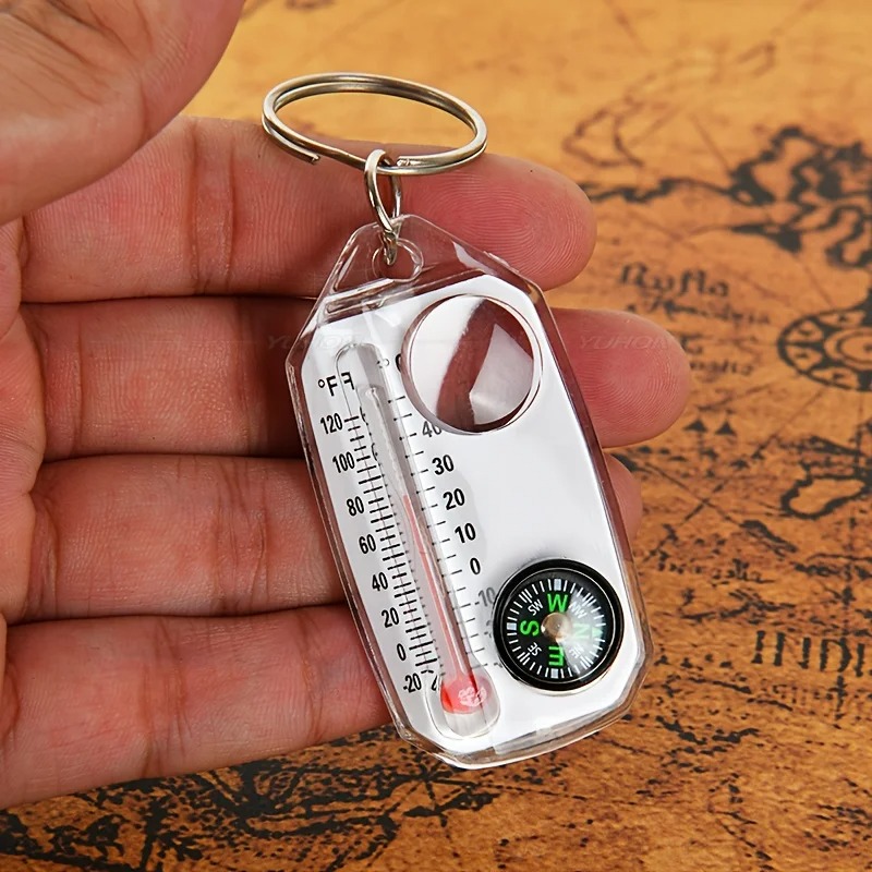 Compass Keychain Mini - 3-in-1 sleutelhangerkompas, draagbare mini-sleutelhanger, buitenthermometer, vergrootglas,